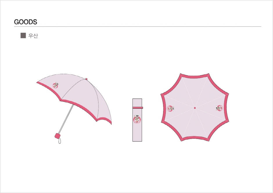 홍주천년 마스코트 홍주도령의 POSE 우산으로 옆면, 접은모습, 위에서 본 모습