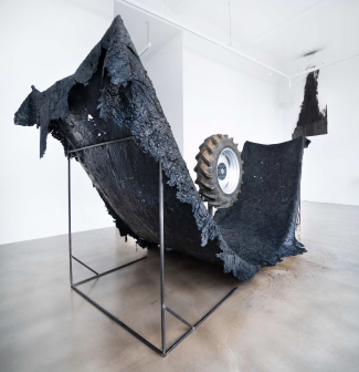 GONZO_Tractor tire, steel, latex, motors, water, artist book, 6-channel video installation_ 2022