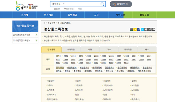 농사로-농촌진흥청 농산물소득정보 사이트 이미지