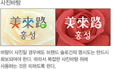 사진바탕: 바탕이 사진일 경우에도 브랜드 슬로건의 명시도는 반드시 확보되어야한다. 따라서 복잡한 사진바탕 위에 사용하는 것은 피하도록 한다.