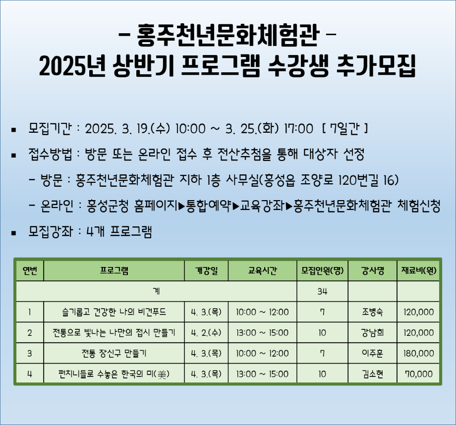홍주천년문화체험관 2025년 상반기 프로그램 수강생 추가모집 이미지