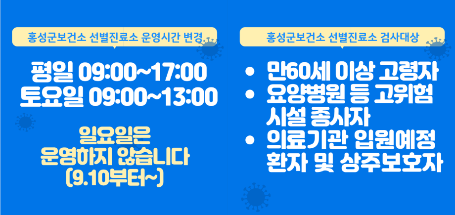 홍성군 보건소 선별 진료소 운영시간 변경
평일 09:00 ~ 17:00
토요일 09:00 ~ 13:00
일요일은 운영하지 않습니다(9. 10.부터~)