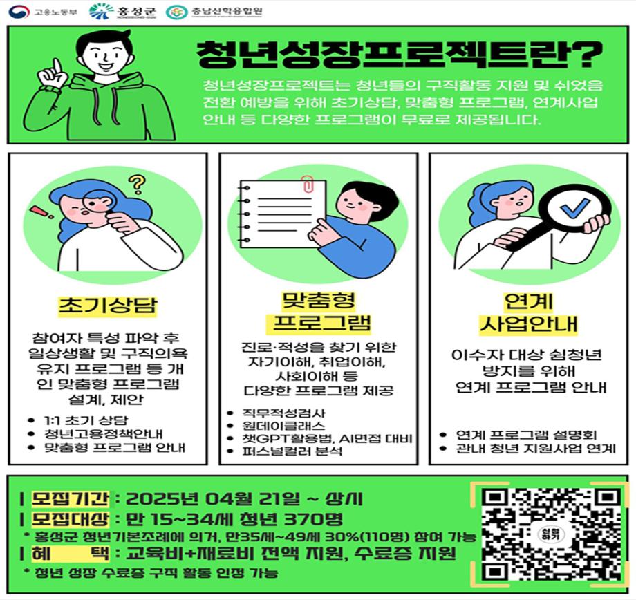 청년성장프로젝트

모집기간 : 2025. 4. 21. ~ 
모집대상 : 만 15~34세 청년 370명
혜택 : 교육비+재료비 전액지원, 수료증 지원