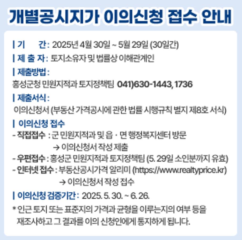 개별공시지가 이의신청 접수 안내
？기 간: 2025년4월30일~5월29일(30일간)
제출자 토지소유자 및 법률상 이해관계인
제출방법:
홍성군청 민원지적과 토지정책팀 041)630-1443,1736
제출서식:
이의신청서(부동산가격공시에관한법률시행규칙 별지 제8호 서식)
이의신청 접수
-직접접수 :군민원지적과 및 읍·면 행정복지센터 방문
→이의신청서 작성제출
- 우편접수: 홍성군민원지적과 토지정책팀 (5. 29일 소인분까지 유효)
-인터넷접수:부동산공시가격 알리미 (https://www.realtyprice.kr) → 이의신청서 작성 접수
이의신청 검증기간: 2025.5.30.~6.26
*인근토지 또는 표준지의 가격과 균형을 이루는지의 여부등을
재조사하고 그 결과를 이의신청인에게 통지하게 됩니다.